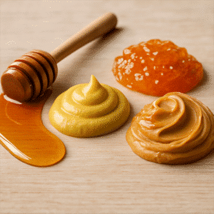 Honing, mosterd & jam